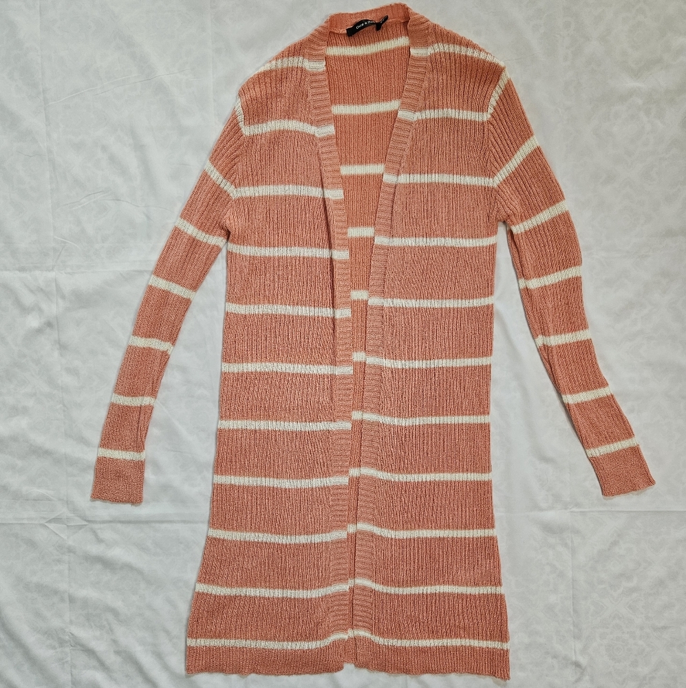 Doe And Rae Womens S Pink White Striped Long Open Cardigan Sweater Knit